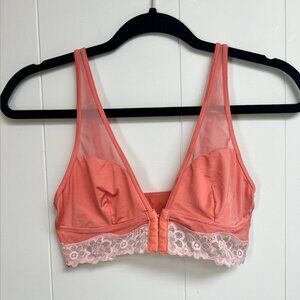 Aerie Coral Bralette Front Clasp Pink Lace Trim Size Small